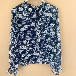 Long Sleeve Blue and White Flower Blouse with Tie